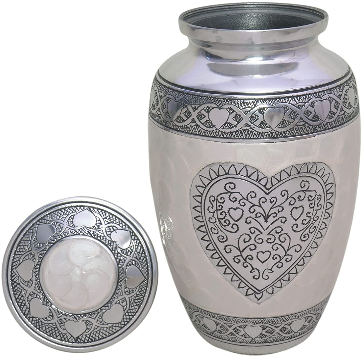 RUZIOON Heart Cremation Urn - Silver Heart Funeral Urn for Human Ashes - Burial urn with Detailed Engraving - 100% Aluminum- Adult Large Size up to 200 lbs