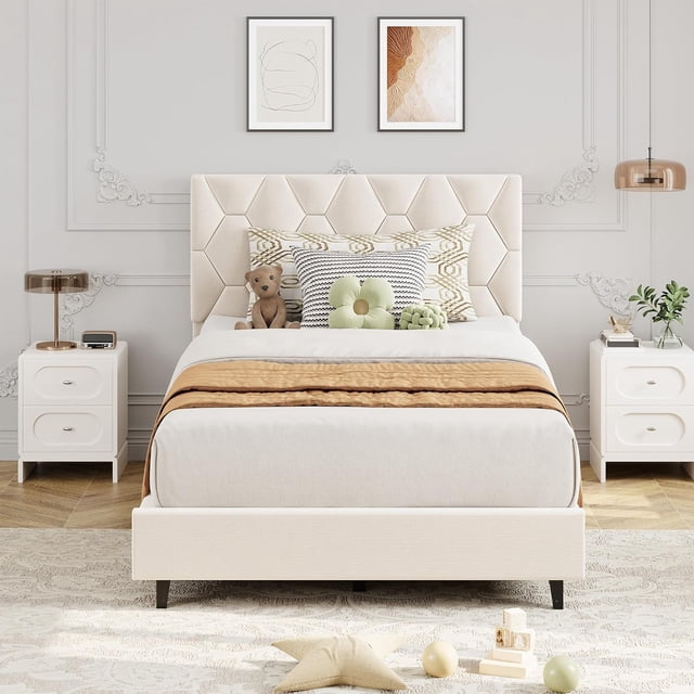 Twin Size Platform Bed Frame with Upholstered Headboard and Wooden Slats Support, Upholstered Mattress Foundation/No Box Spring Needed/Easy Assembly, Beige
