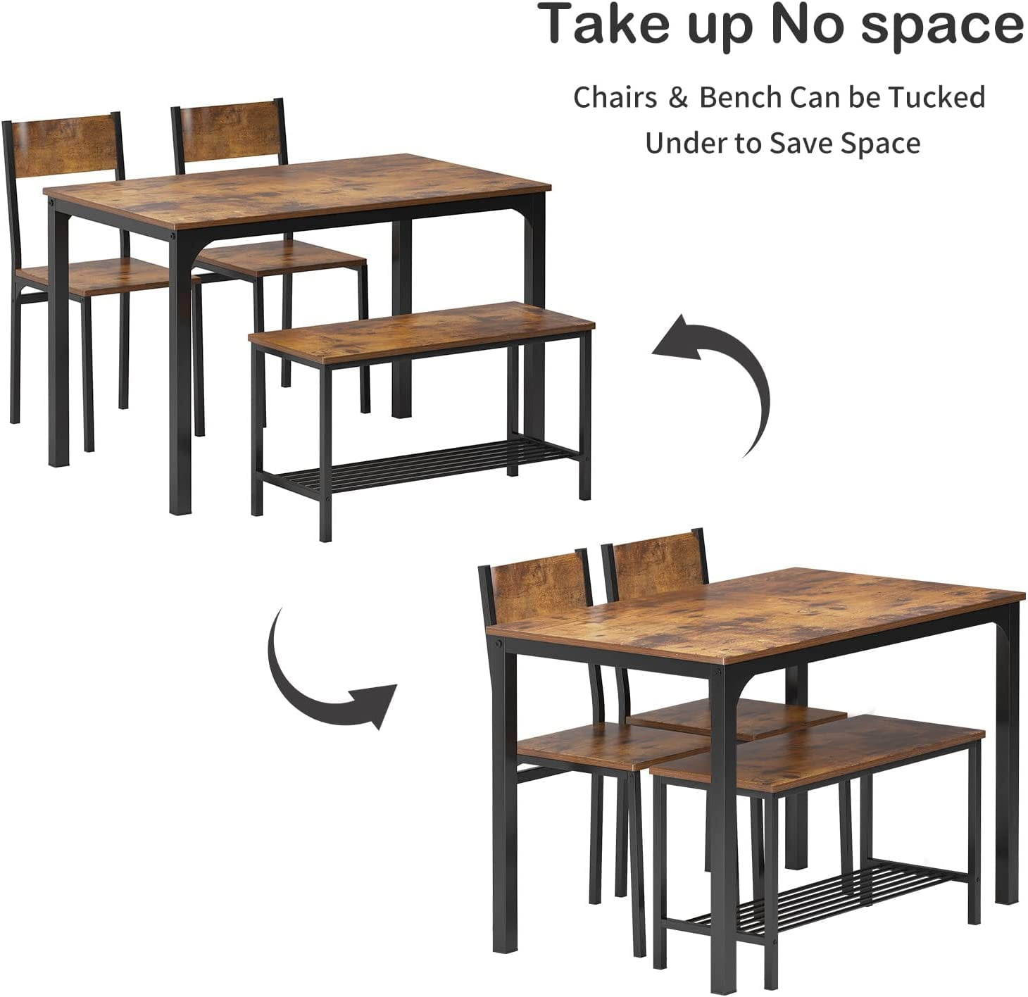 Dining Table Set for 4, Kitchen Room Table Set with Bench, 2-Piece Dining Chairs Set for Breakfast Nook - 42.9"×27.3" Retro
