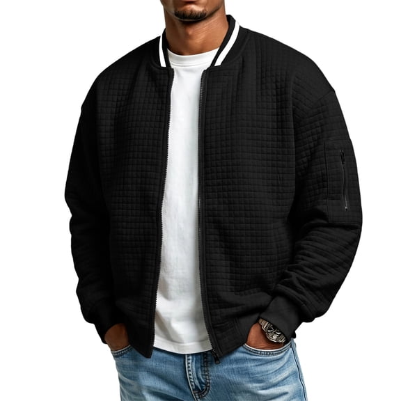 Qwertyu Men's Waffle Knit Bomber Jacket Long Sleeve Collared Full Zip Casual Jackets Fall Winter Coat with Pockets Black XL