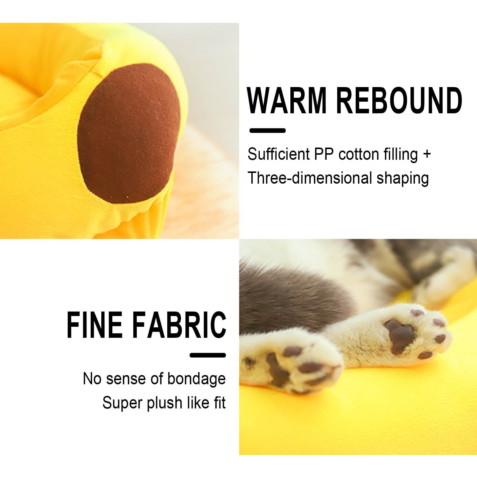 Banana Pet Bed, Washable Warming Plush Cat Bed Indoor Small Cat Dog House Calming Cat Mat Cozy Puppy Sleeping Bed All Season Pet Supplies with Removable Cushion