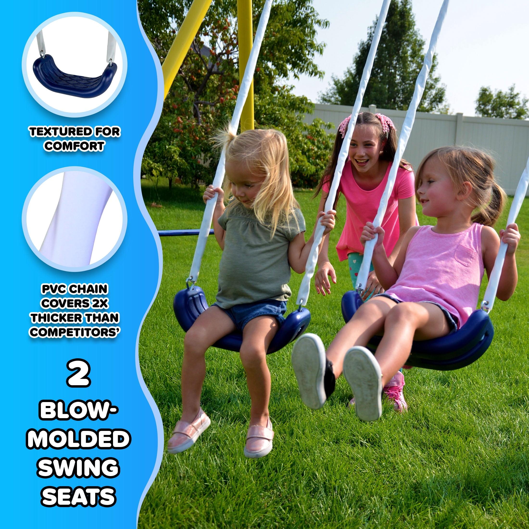 Sportspower Power Play Time Metal Swing Set with 2 Swings, Lifetime Warranty on Blow Molded Slide, & Bonus Anchor Kit, Great for Kids 3-8