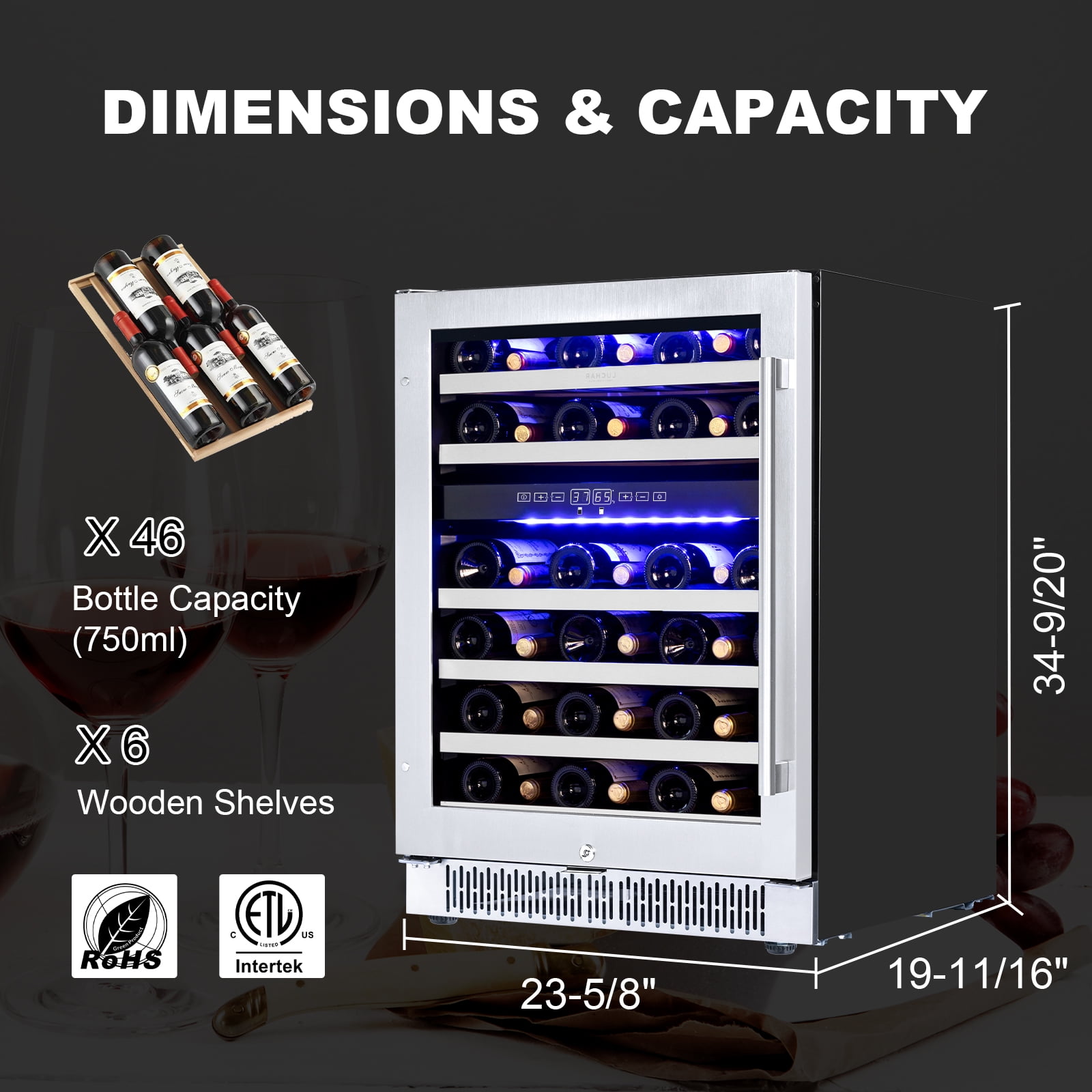 Luchar Wine Fridge 24 Inch, 46 Bottles Wine Fridge Cooler with Temperature Memory & Touchscreen Design, Double UV Glass Door and Removable shelves