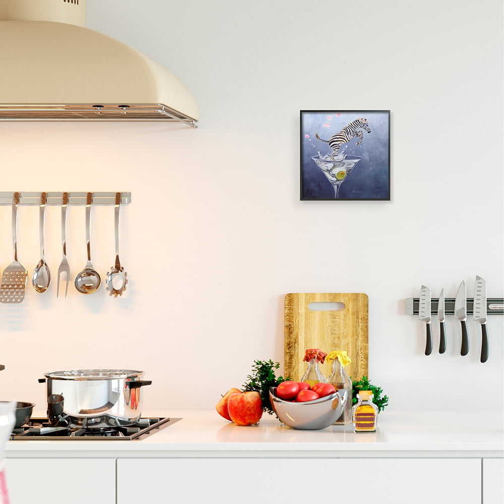 Stupell Industries Zebra Leaping from Martini Glass Olive Black Framed by Karen Weber Fine Art