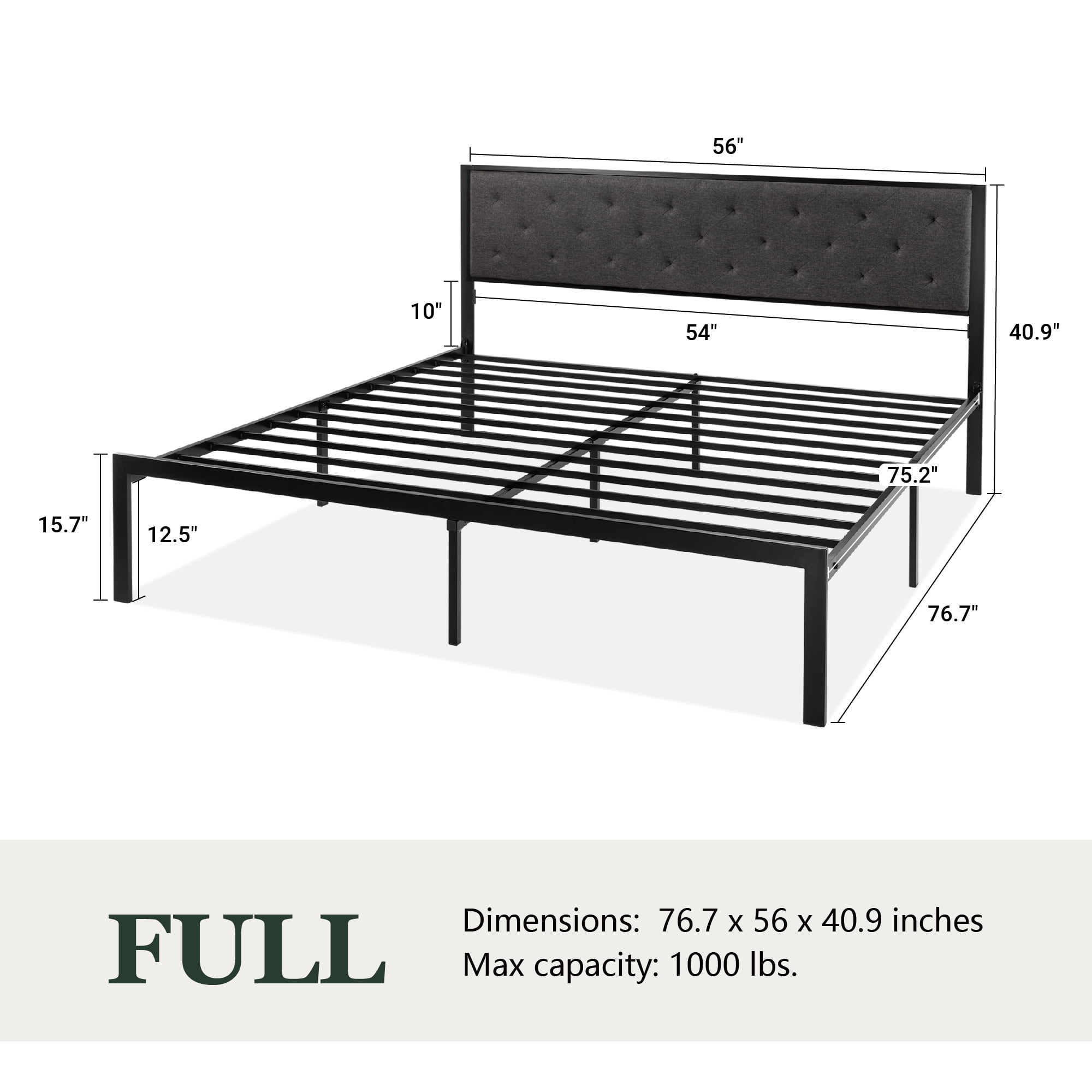 Amolife Full Size Platform Bed Frame with Upholstered Headboard, Dark Grey