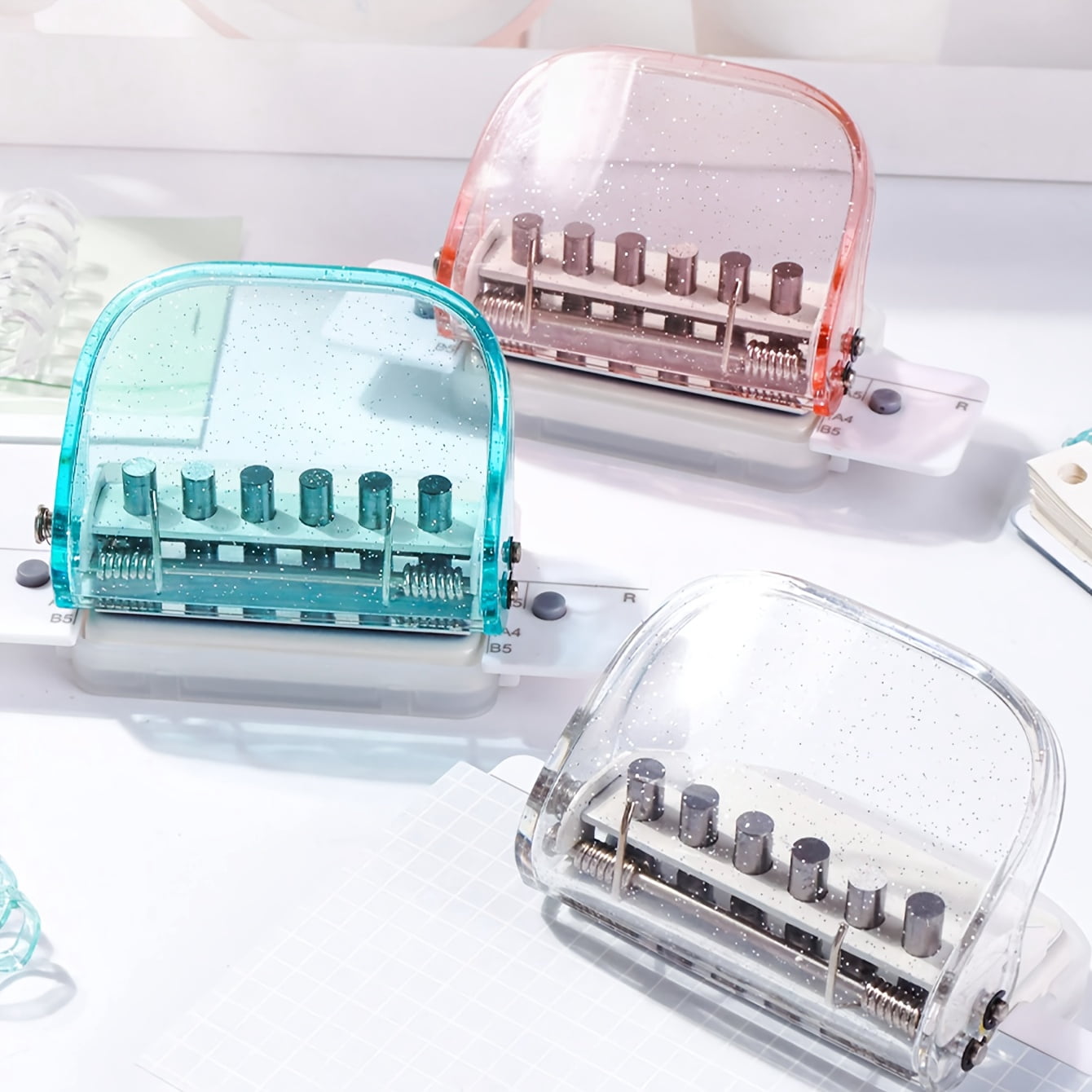 1pc 6-Hole Loose-Leaf Punch, Manual Positioning Punch, Hole Spacing 9.5mm, for A4/B5/A5 Paper, Hand Tool, Transparent