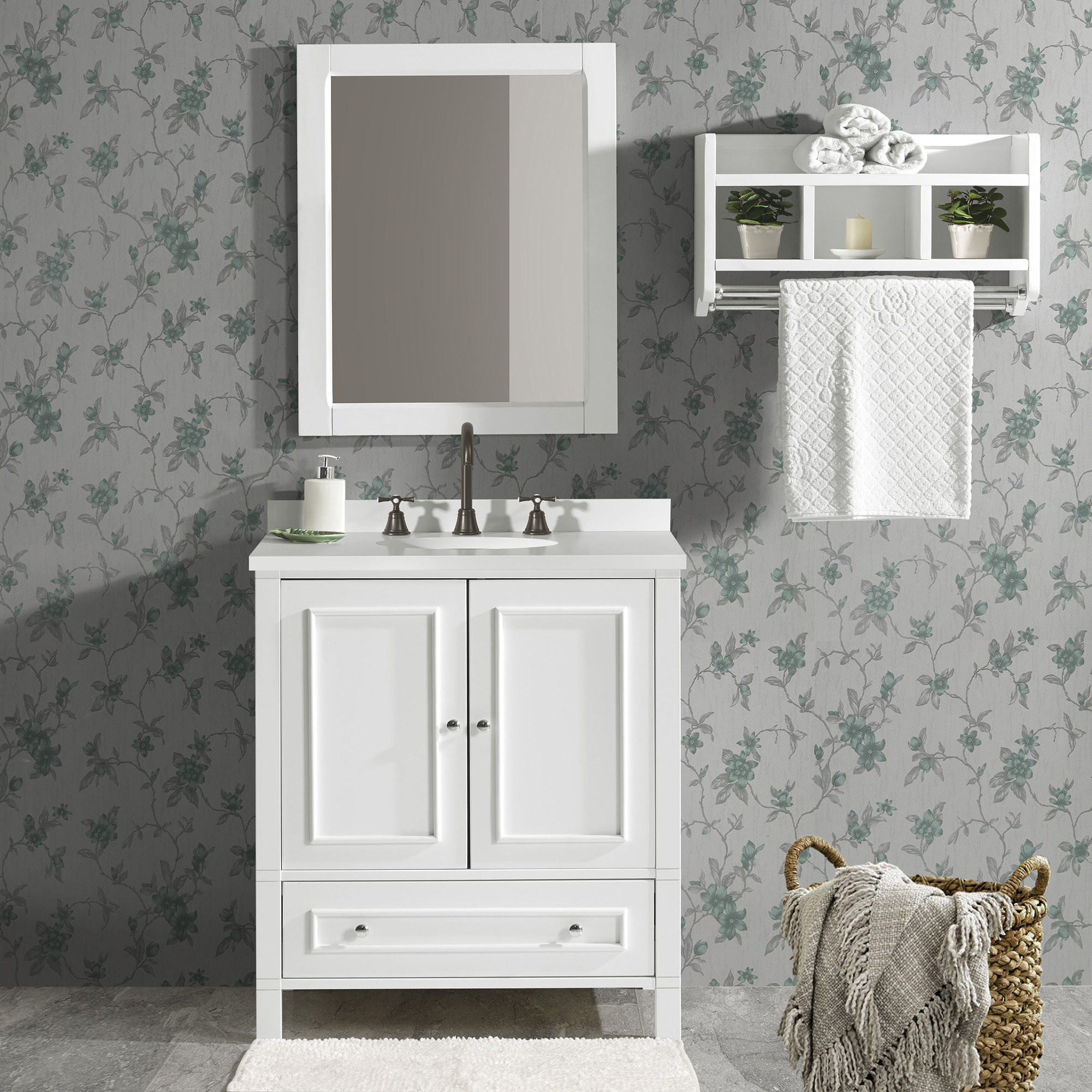 Alaterre Furniture 30in Wood Bathroom Vanity with Soft-Close Doors, White