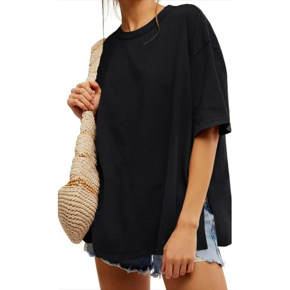 SMZ Womens Oversized T Shirts Summer Trendy Short Sleeve Crew Neck Tops Loose Fit Side Slit Tee