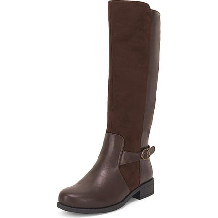 

Coutgo Women s Round Toe Knee High Pull On Zipper Buckle Suede And Leather Fall Winter Boots