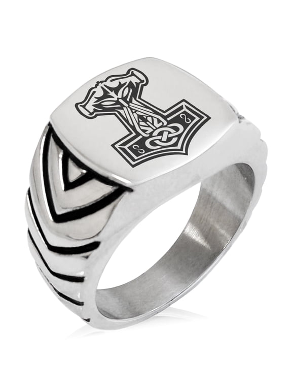 Stainless Steel Mjolnir Thor's Hammer Viking Norse Chevron Pattern Biker Style Polished Ring