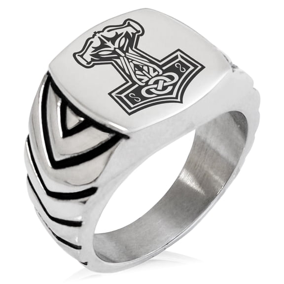 Stainless Steel Mjolnir Thor's Hammer Viking Norse Chevron Pattern Biker Style Polished Ring