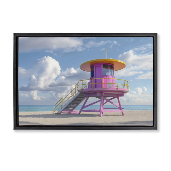 Stupell Industries Miami Beach Tower in Pink Black Framed Floater Canvas Wall Art, design by Creative Studio