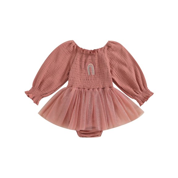 Bagilaanoe Baby Girl Rompers Dress Newborn Rainbow Embroidery Long Sleeve Bodysuits 6M 12M 18M 24M Infant A-line Tulle Dresses