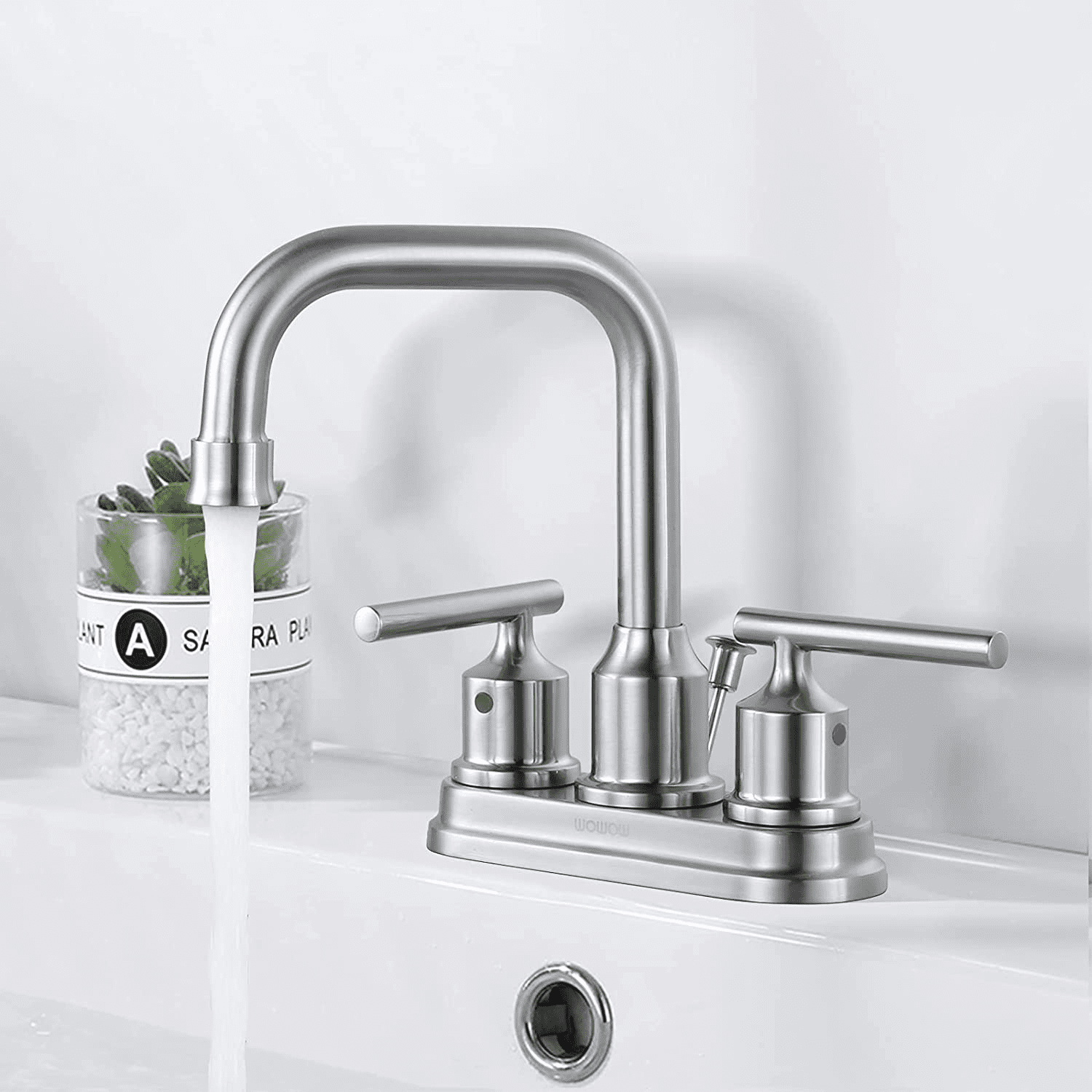 WOWOW 2 Handle Bathroom Faucet 4 Inch Centerset Bathroom Sink Faucets with Lift Rod Drain