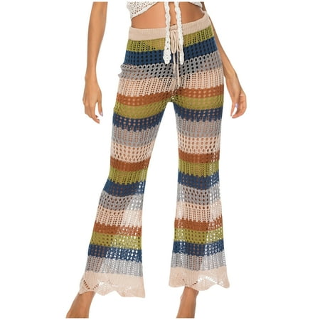 Women s Crochet Knit Hollow Beach Pants Rainbow Pants Drawstring High Waist Pants Bikini Bottom Beach Cover Up Casual Sand Pants