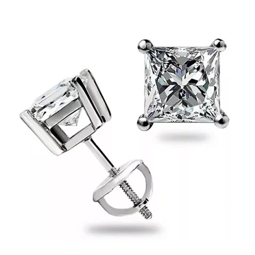 1ct Princess Cut Created Diamond Real 14K White Gold Earrings Studs Screw Back