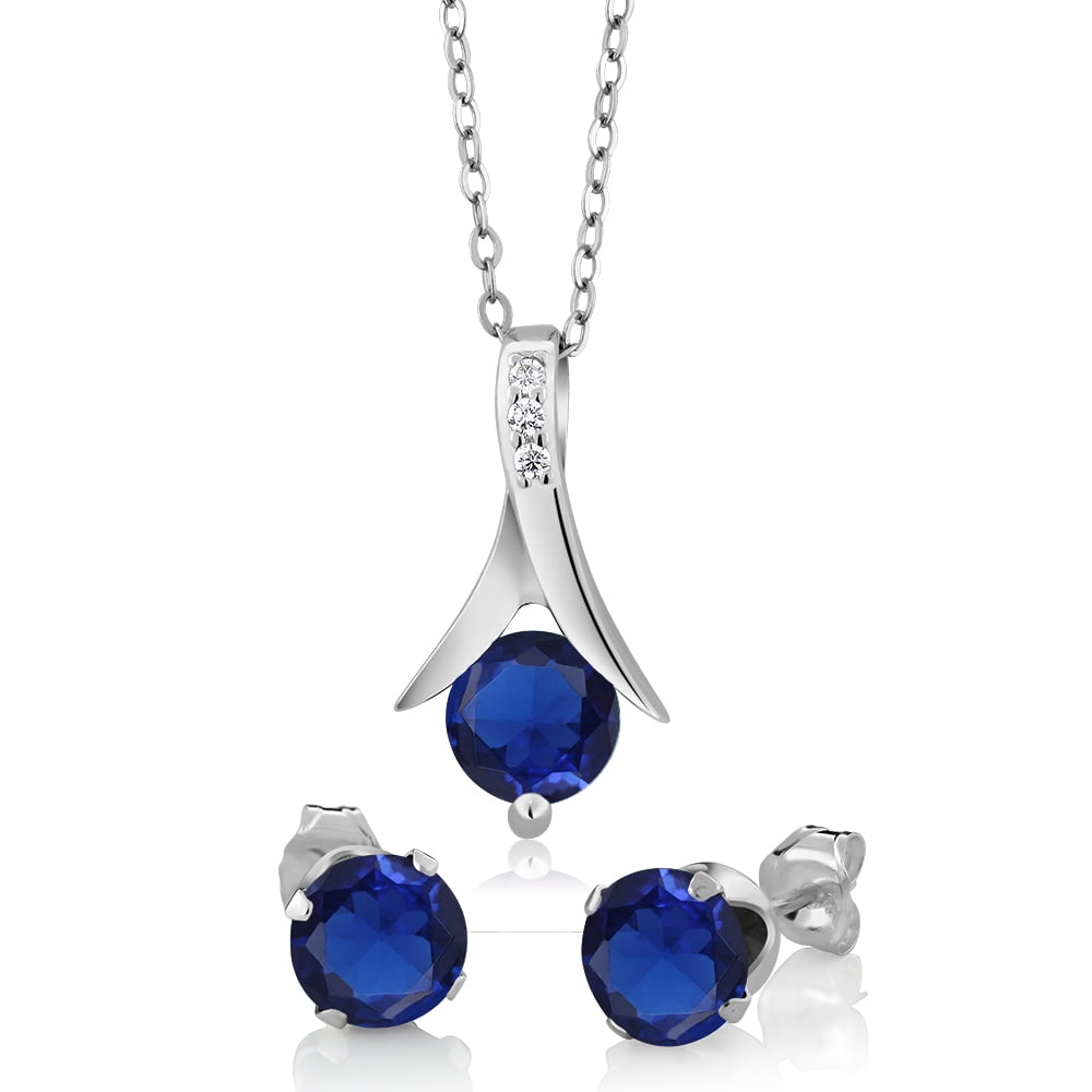 Gem Stone King 2.40 Cttw Simulated Sapphire Pendant Necklace and Earrings Jewelry Set for Women | 925 Sterling Silver | Round 6MM | 18 inch Silver Chain | Fine Jewelry Gifts for Women Mom Wife Her