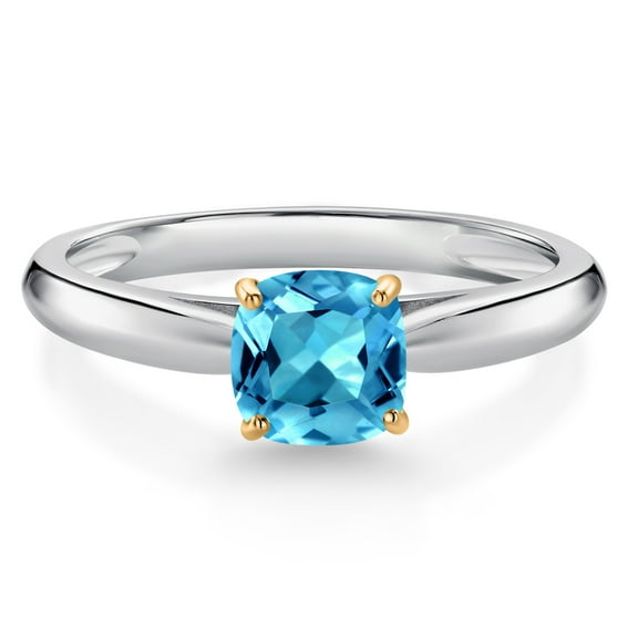 Gem Stone King 925 Silver and 10K Yellow Gold Swiss Blue Topaz Engagement Ring for Women (0.65 Cttw, Cushion 5MM, Gemstone November Birthstone, Size 9)