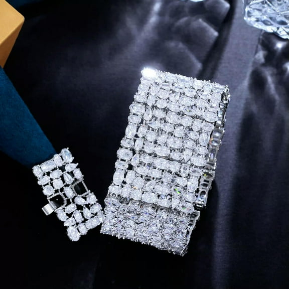 Heavy Work Silver Plated CZ Big Oval Drop Cluster Wide Bracelet Bangle for Women