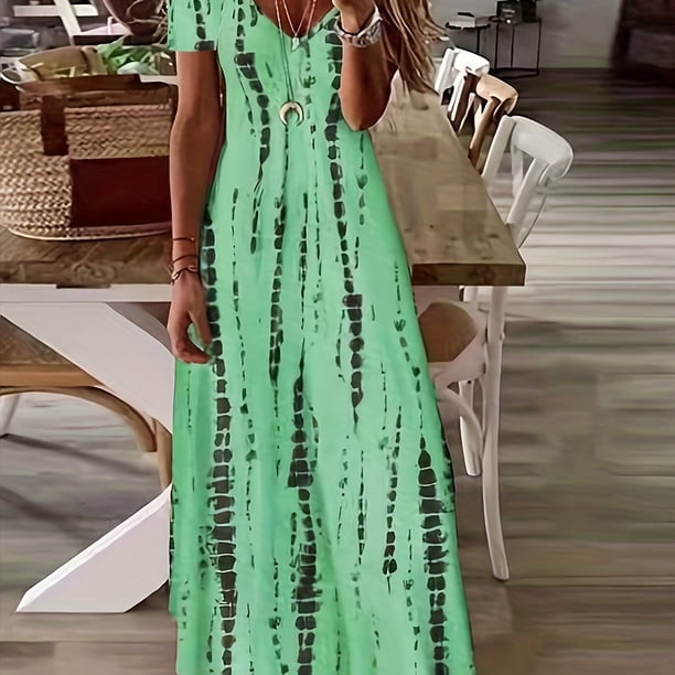Vestido Casual De Talla Grande, Vestido Largo Elástico Medio Con Cuello En V Y Manga Corta Con Tinte Anudado Para Mujer