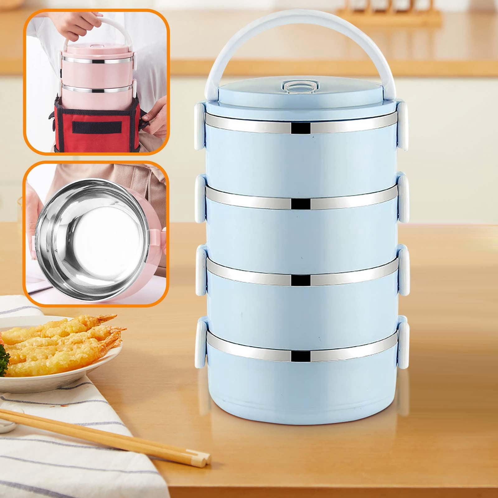 AZXY Metal Bento Box, 4-Layer Round Stainless Steel Insulated Lunch Box, Portable Leakproof Fresh Keeping Bentgo Box for Office Outdoor Use, Blue