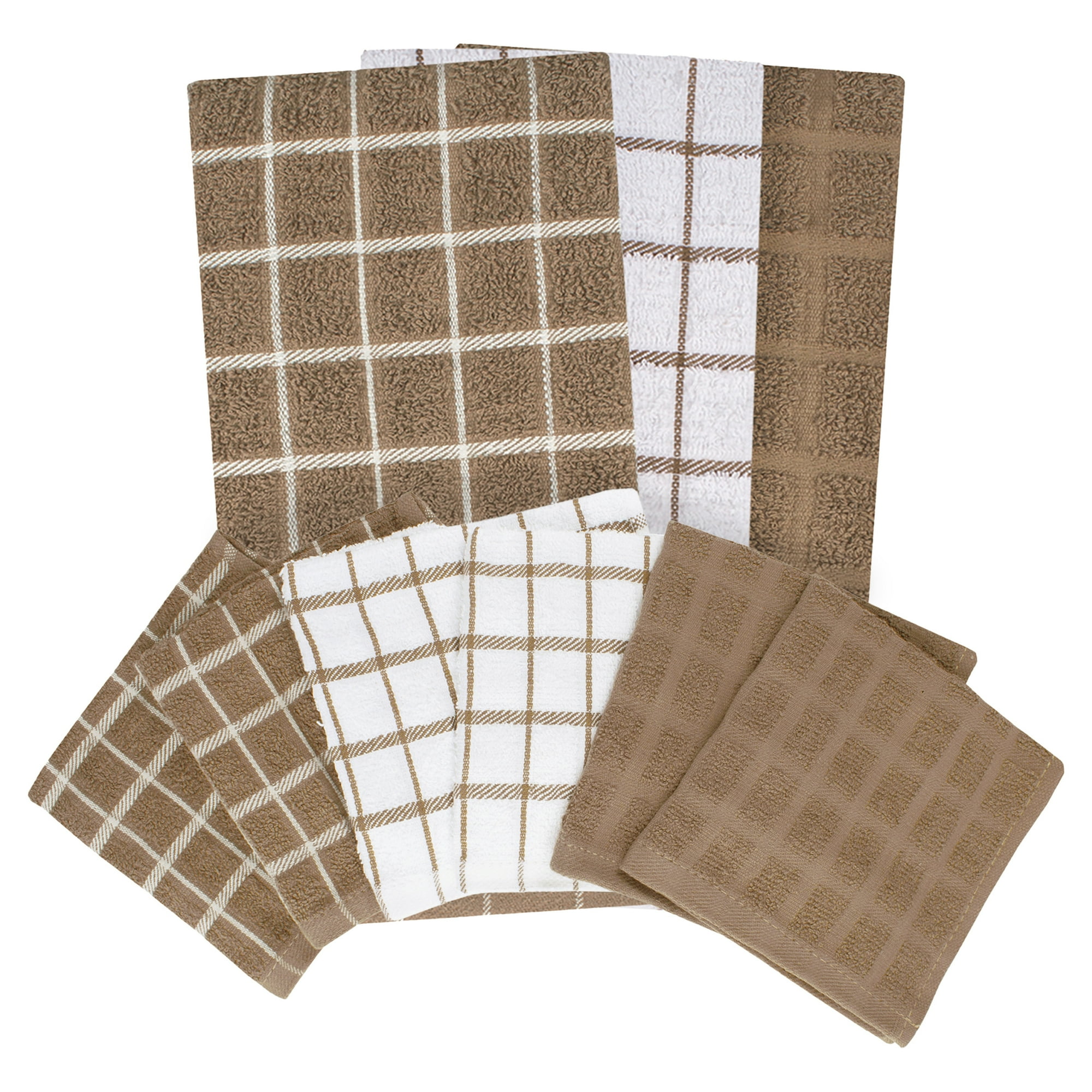 RITZ 3-Pack Terry Check Kitchen Towel Set and 6-Pack Terry Check Dish Cloth Set, Mocha