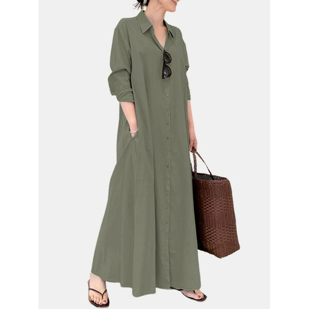 ZANZEA ZANZEA Women Casual Solid Button Down Loose Long Sleeve Maxi