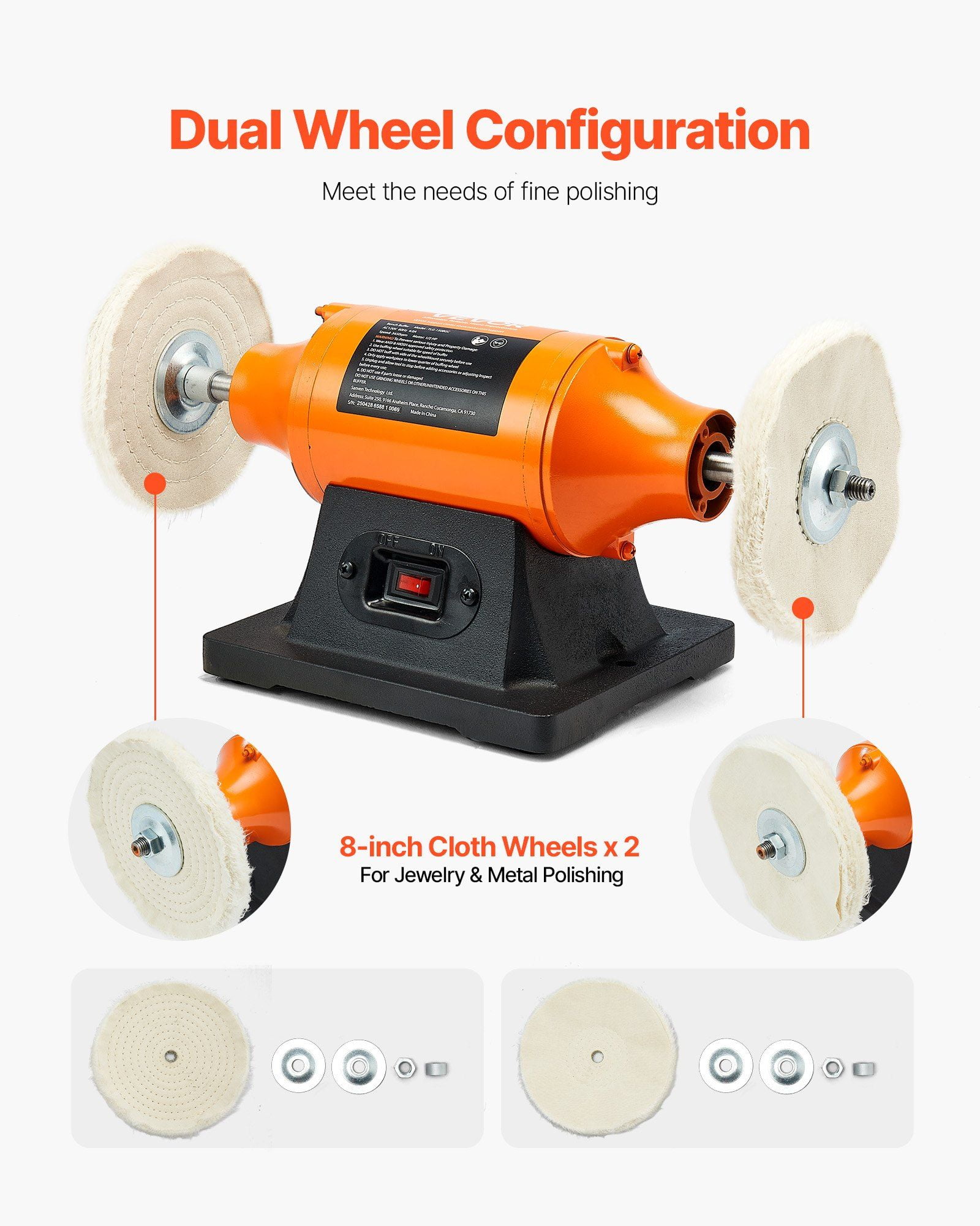 Professional 8" Bench Buffer Machine, 3/4 HP 3450RPM, for Polishing Metal, Automotive, Wood, and Jewelry