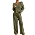 thumbnail image 2 of Xaqiouau Womens 2 Piece Sweater Sets V Neck Long Sleeve Ribbed Knit Top Wide Leg Pants Matching Lounge Outfits Casual Loungewear Fall Winter, 2 of 7