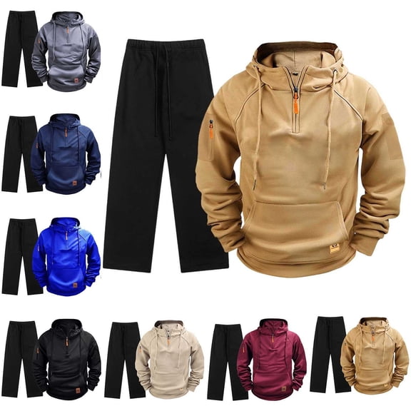 Babcutegg Mens Outfit Set 2-Piece Quarter Zip Hooded Sweatshirt and Pants Athletic Casual Clothing Dark Blue Size M