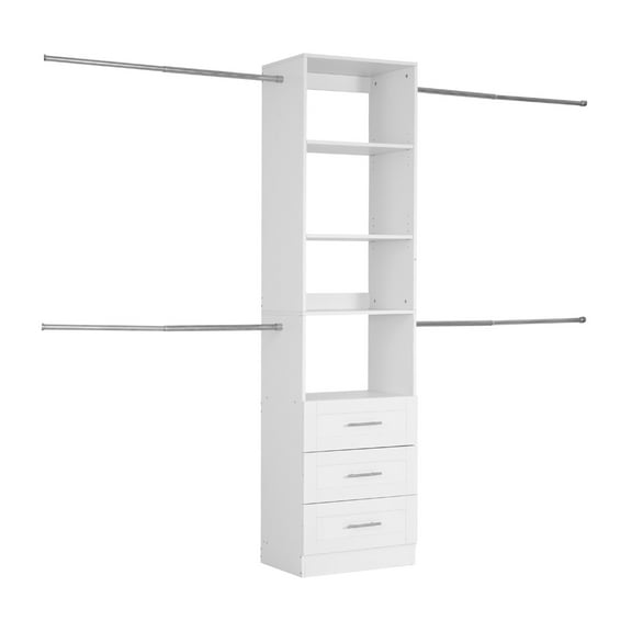 KFFKFF Adjustable Wooden Closet System with 3 Drawers, Freestanding Wardrobe Organizer Featuring 4 Retractable Clothes Rods and Modern Design, White
