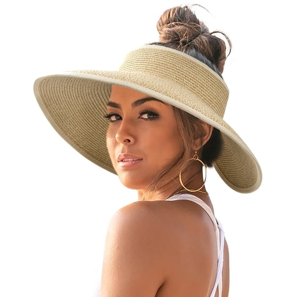 Sombrero con visera solar FURTALK para mujer, paja, ala ancha, plegable