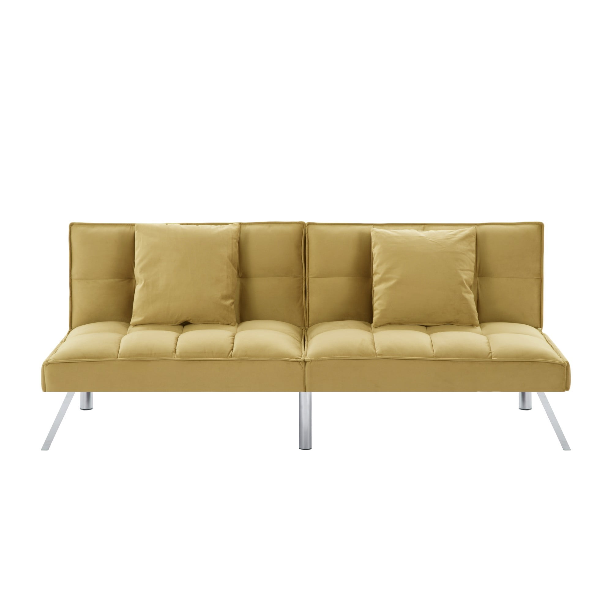 Gewnee Olive Green 67.7” Velvet Futon Sofa Bed, Modern Love Seat with Adjustable Backrest, 2 Throw Pillows, Suitable for Home, Office & Guest Room