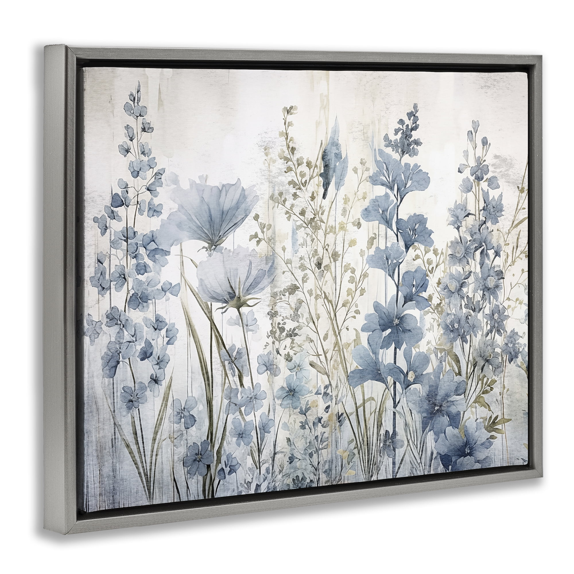 Stupell Industries Blue Nature Blooms Plants & Flowers Painting Gray Floater Framed Canvas Art Print Wall Art, 31 x 25