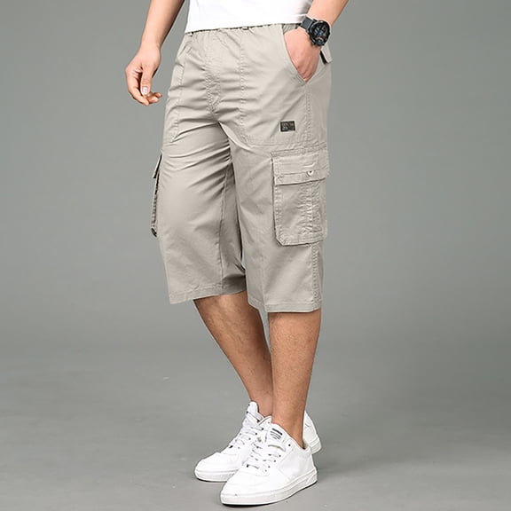 Men's Casual Twill Elastic Cargo Shorts Below Knee Loose Fit Multi-Pockets Capri Long Shorts