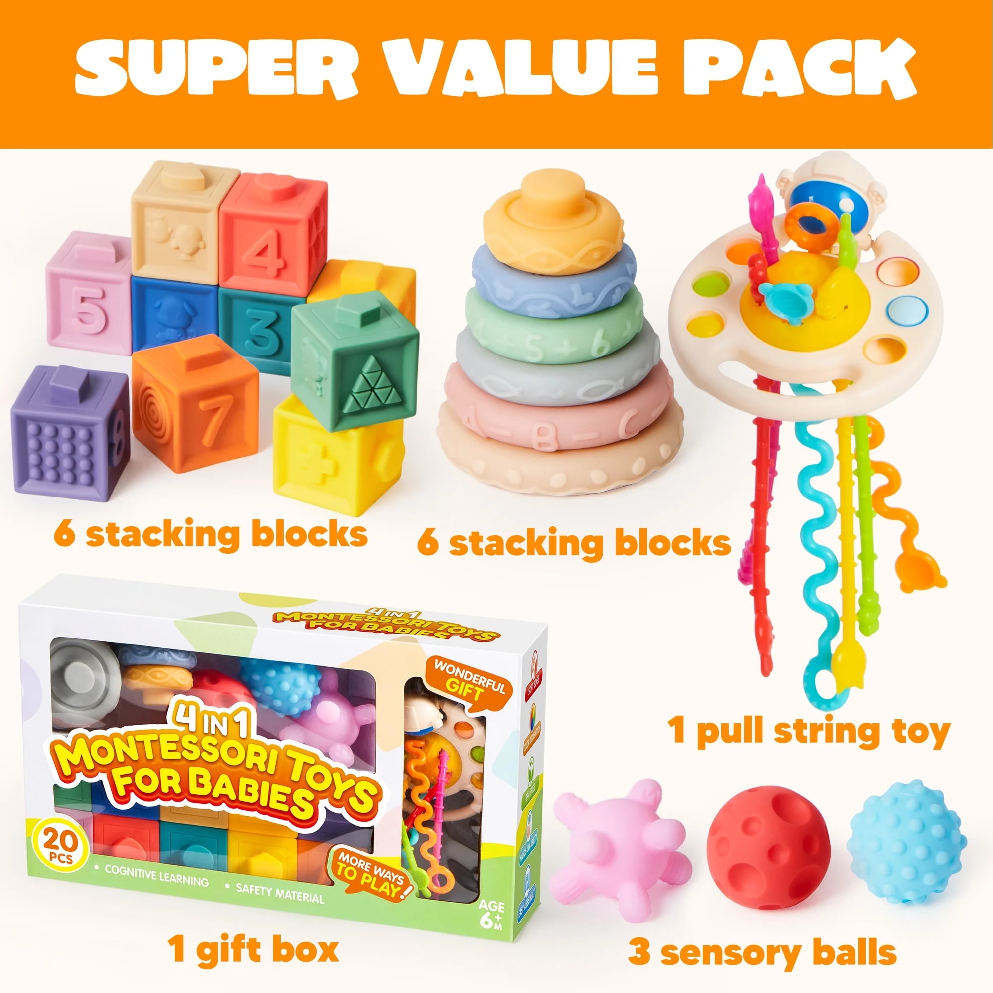 SYNCFUN Montessori Toys for Baby 0-3-6-12 Months, 4-in-1 Food-Grade Sensory Toys, Infant Stacking Circles Teether, Learning Gifts for Baby Girls Boys