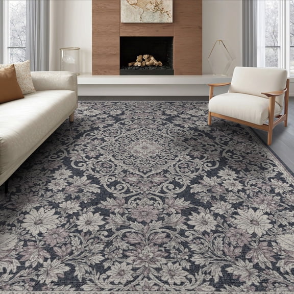ODIKA 8'x10' Washable Area Rug Non-Shedding, Easy Care, Moth Boho Vintage Mediterranean Scroll Border Butterfly Vinyl Flowing Dynamic for King Size Bedroom Under Bed, Master Suite