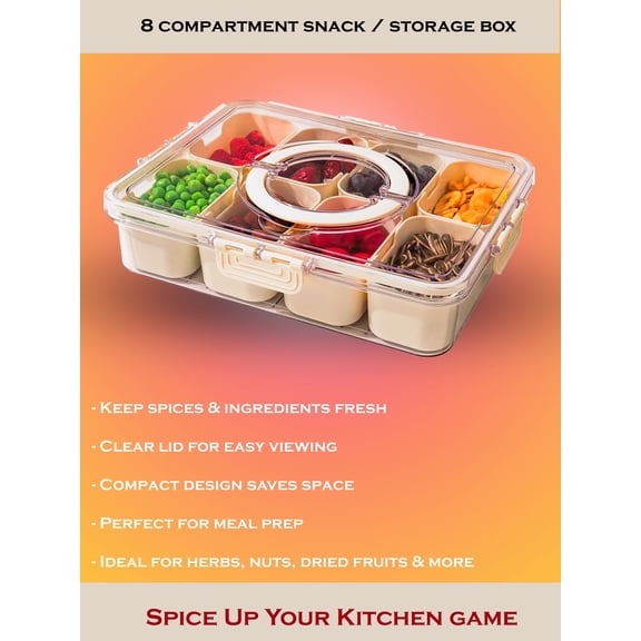 Divided 8 Compartment Serving Tray Snack Box With Lid & Handle,  Container For Veggie, Fruits, Candy, Nuts, Snacks-Perfect For Picnic, Party, Outdoor