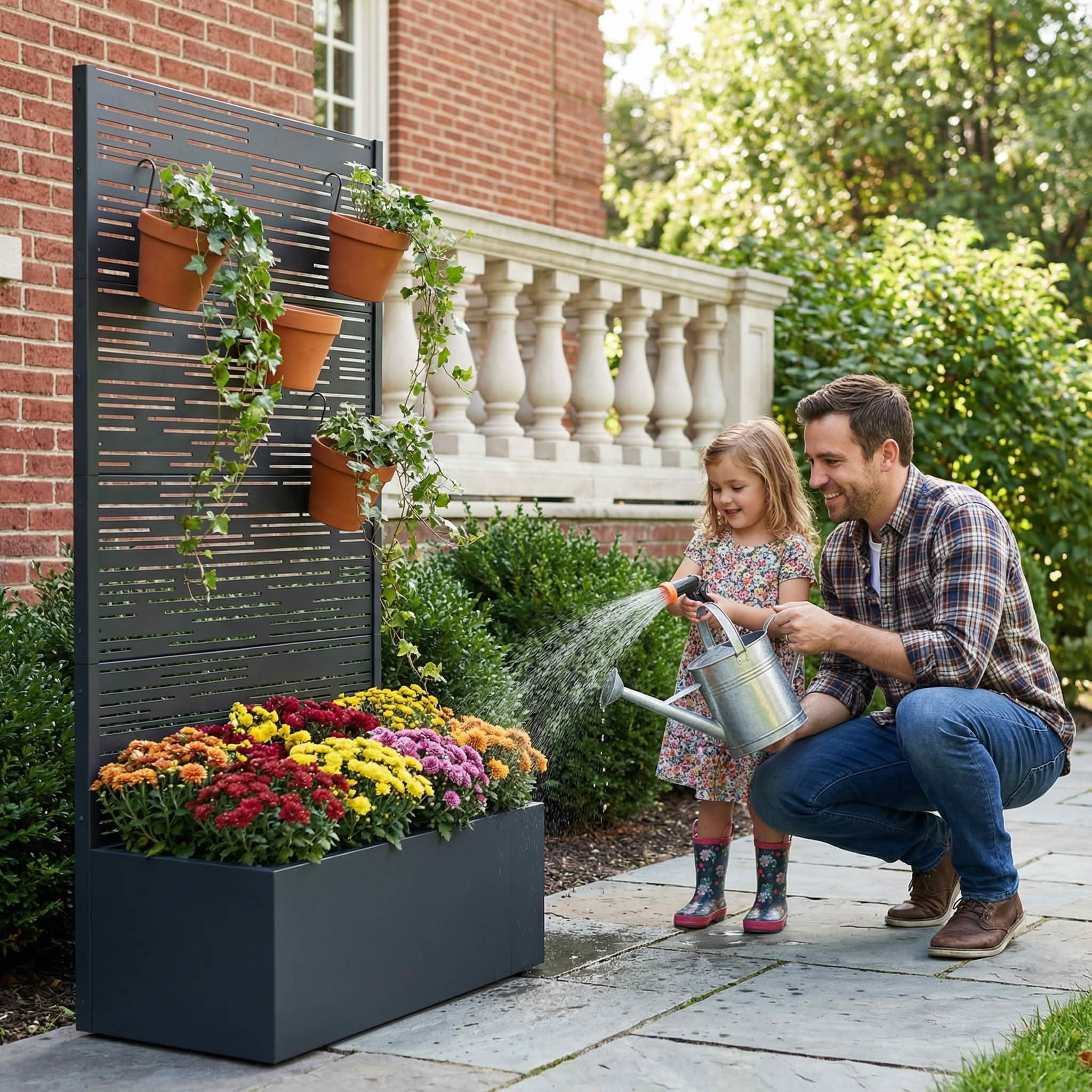 MAYEERTY 59X30" Metal Outdoor Black Privacy Screen with Planter Box for Backyard & Garden, 4 Piece Set