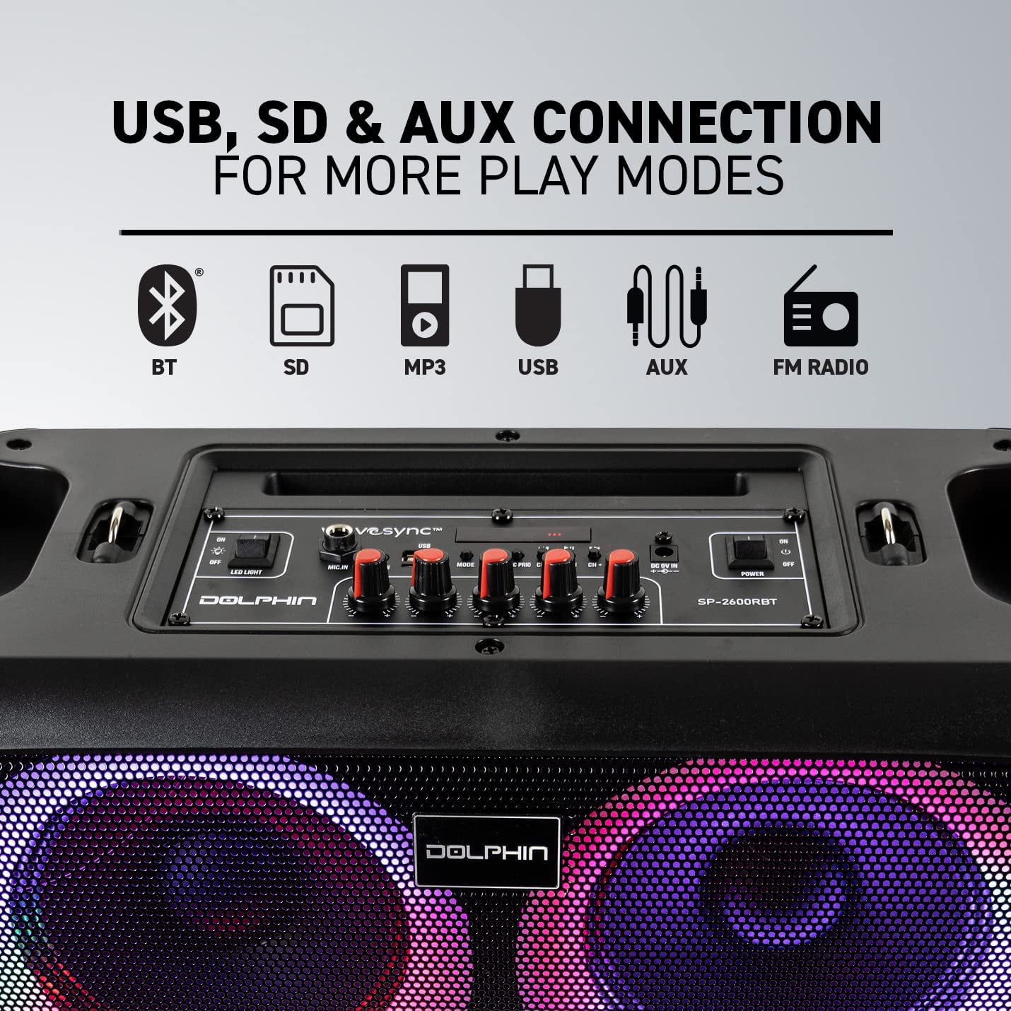 Dolphin SP-2600RBT Boombox Speaker with Mic Input & Sound-Activated Light, Bluetooth & USB, Play Music Anywhere