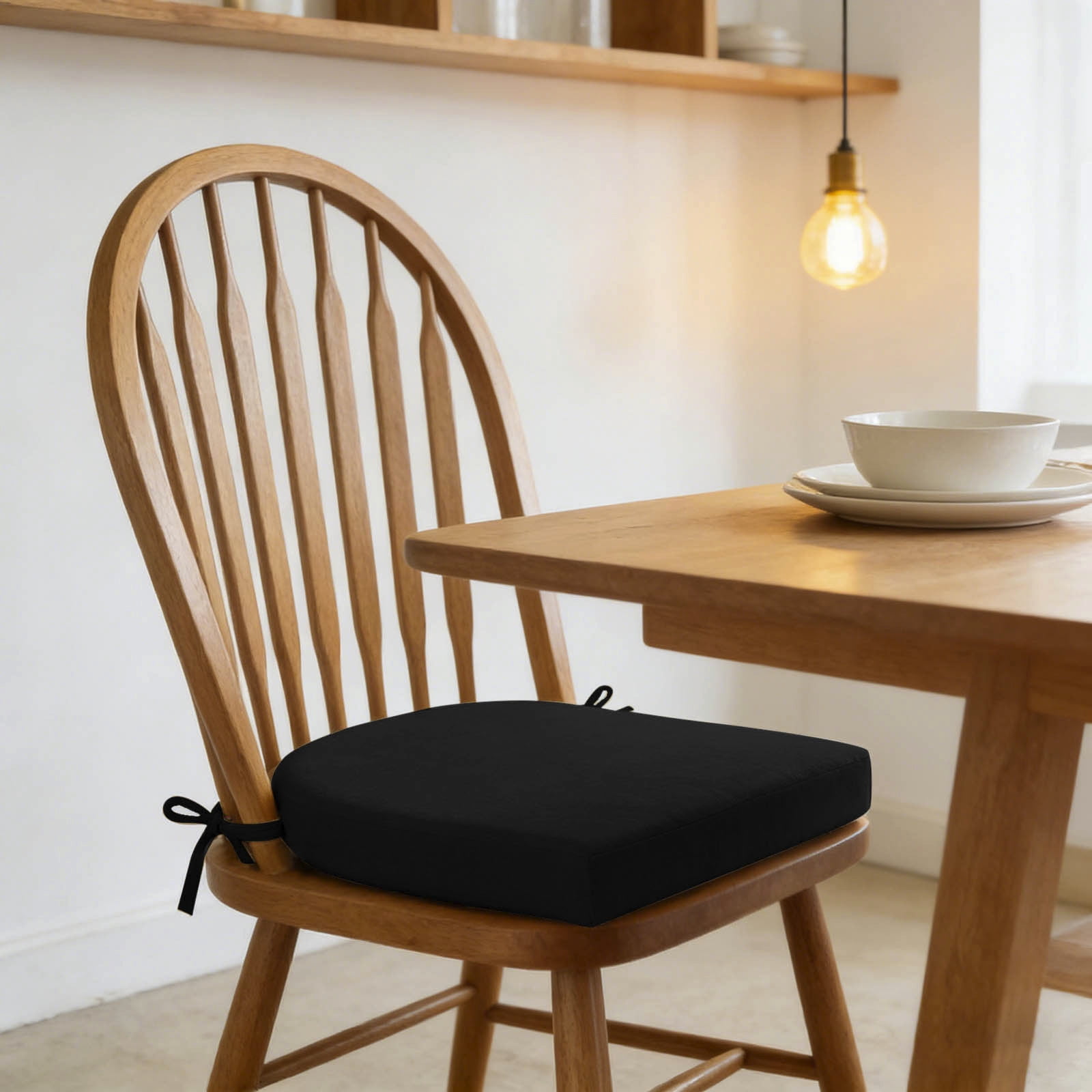 Indoor Outdoor Chair Cushion - 16.9 x 15.7 Inch Thick Seat Pad with Adjustable Ties for Dining Chairs, Patio Furniture, and Garden Chairs - Foam Comfort Seat Cushion for Home and Garden (Black)