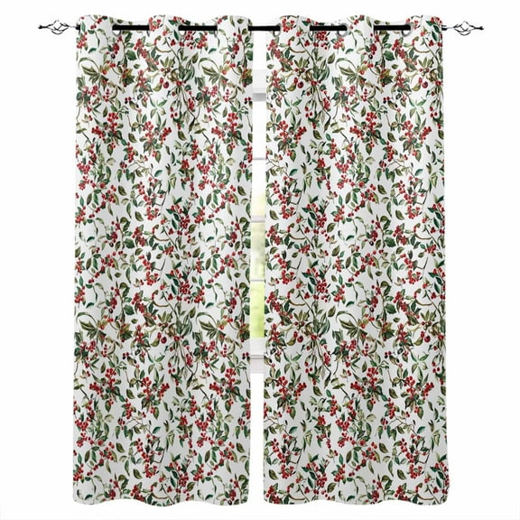 Hokiten Christmas Berry Blackout Curtains | Light Blocking Print Window Curtains, Xmas Botanical Watercolor Green Red Thermal Insulated Window Drapes for Living Room Kitchen (2 Panels, 55"W x 39"L)