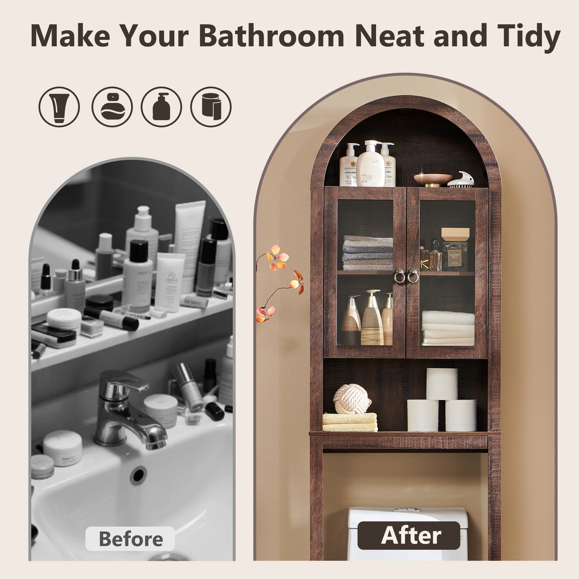 SinCiDo Arched Over The Toilet Storage Cabinet, Modern Bathroom Shelf Over Toilet with Acrylic Doors, Wooden Bathroom Space Saver Organizer above Toilet with Adjustable Shelf