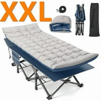 ZENPETIO Oversized XXL 32" Folding Camping Cot for Adults Outdoor Sleeping Bed with Mattress and Pillow w/ Carry Bag for Camping Home Office Nap Beach Travel Blue Cot Blue-Gray Pad