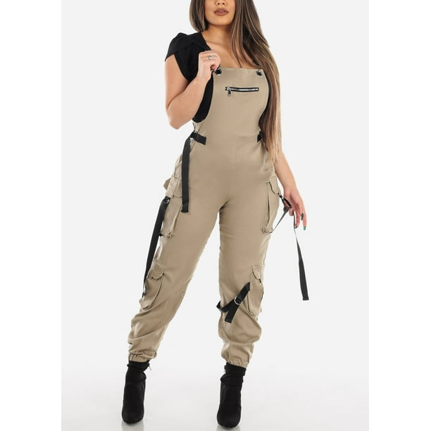 Moda Xpress Womens Sleeveless Jumper Cargo Style Skinny Leg Khaki