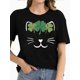 thumbnail image 1 of Women's St. Patrick's Day Lucky Cat Graphic T-Shirt - Black with Green Shamrock & Whiskers Design,Soft , Short Sleeve Casual Top, 1 of 7