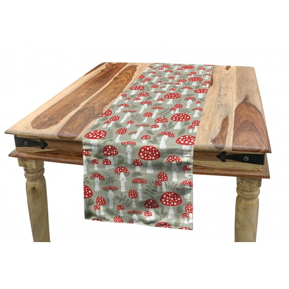 Doodle Table Runner, Poisonous Amanita Mushroom Pattern with Foliage and Berry Silhouettes, Dining Room Kitchen Rectangular Runner, 3 Sizes, by Ambesonne