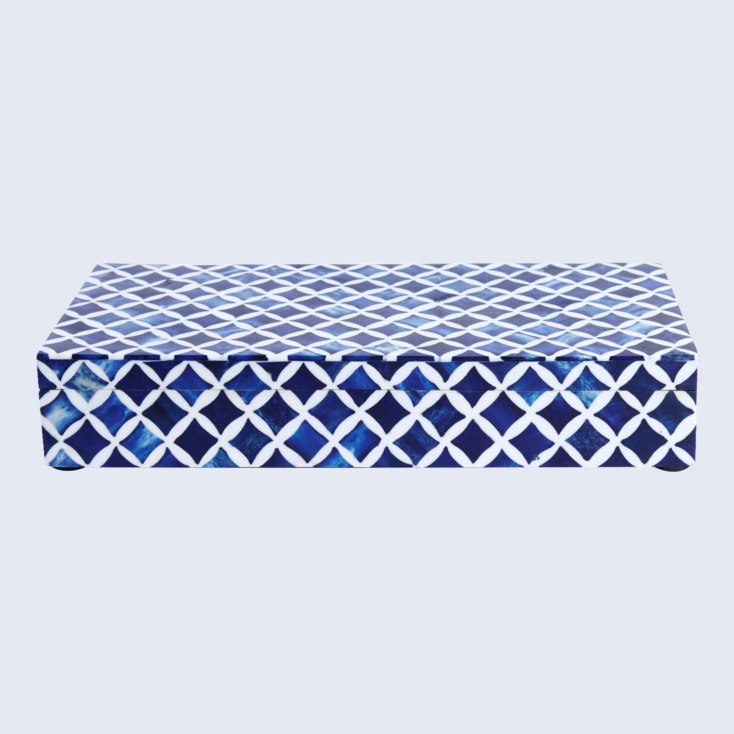 Large Decorative Storage Box with Lid – 12x6x5” Coffee Table Organizer, Keepsake- Decorative Boxes for Home Decor, Stylish Decorative Box for Office Decor- Blue White Star