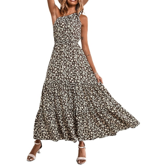 Franhais Women's Long Dress, Adult Floral Print One Shoulder Sleeveless Ruffle Hem Female Blouson Dress