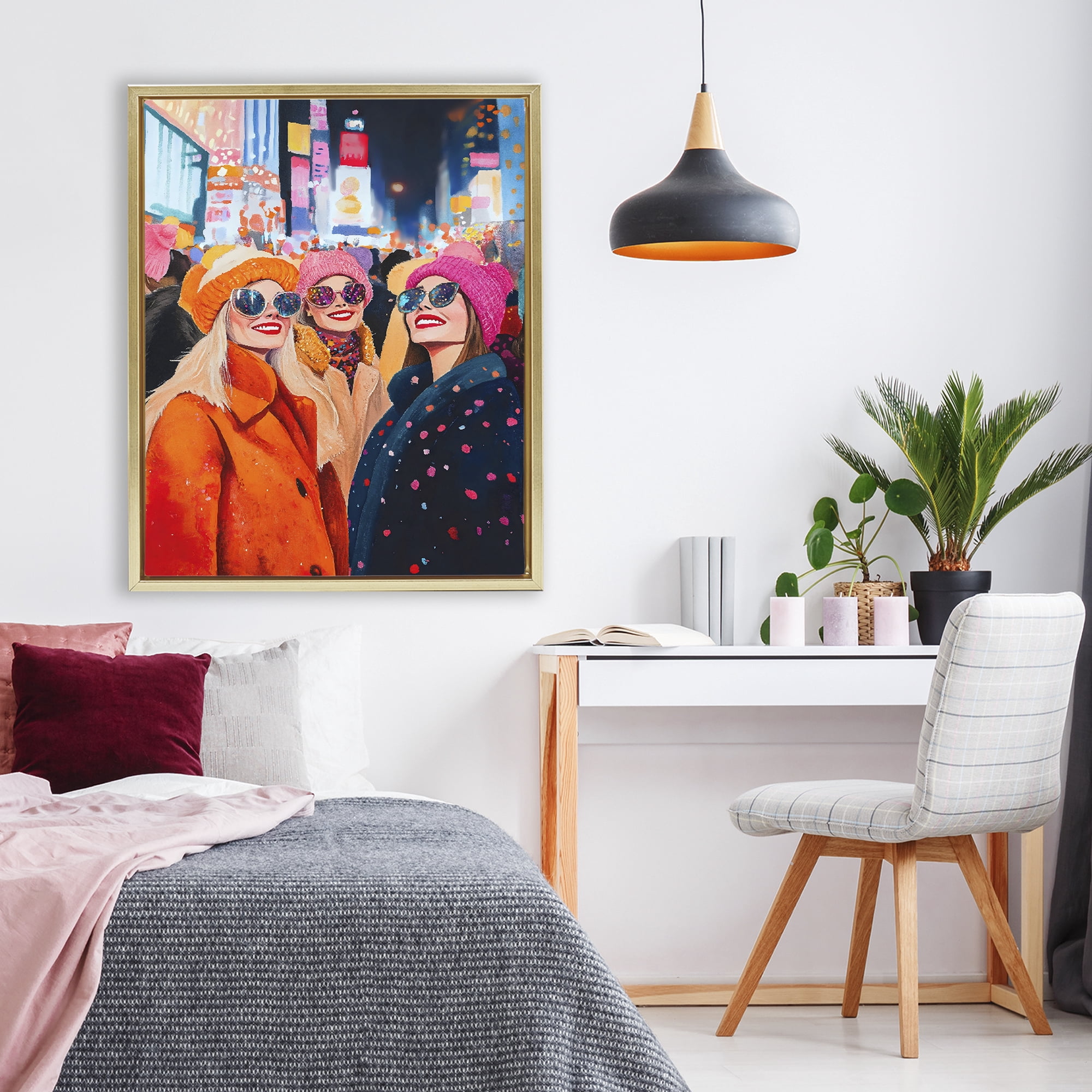 Stupell Industries New Year's Girls in City Gold Framed Floater Canvas Wall Art, design by LSR Design Studio